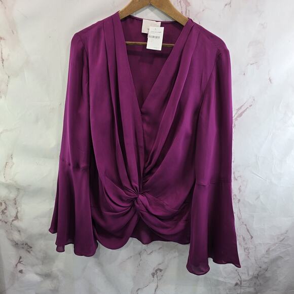 Cinq A Sept Shirt Womens Large Silk Blouse Purple Flared Sleeve Twist Knot Gobe